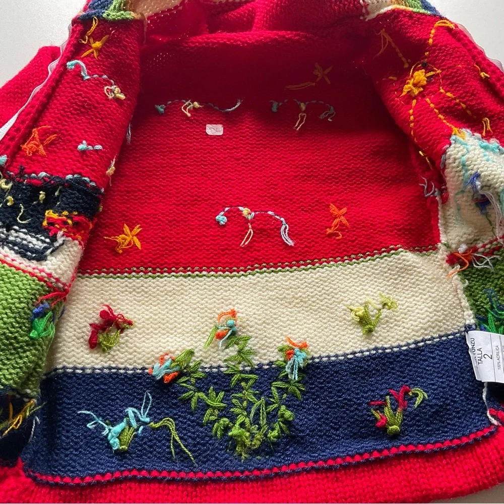 Peruvian Knit Embroidered Hooded Zip Up Red Sweater Animals Sun Toddler Sz 2
